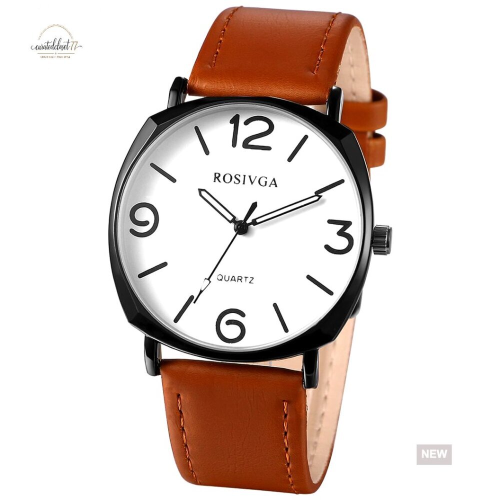 Large Dial Analog Quartz Watch Leather Strap Classic Casual Timepiece